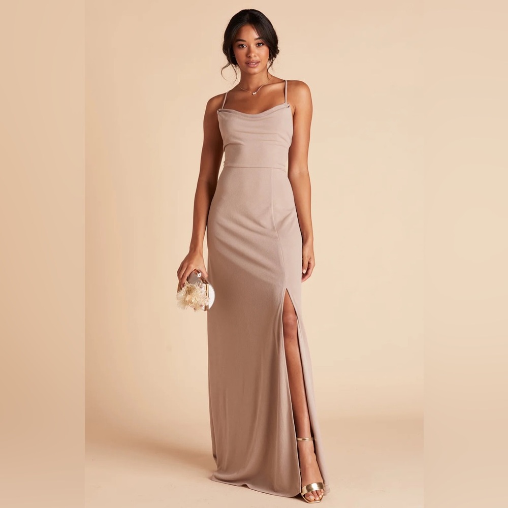 Birdy Grey Ash Crepe Bridesmaid Dress Side Split Cowl Neck Neutral Taupe Wedding